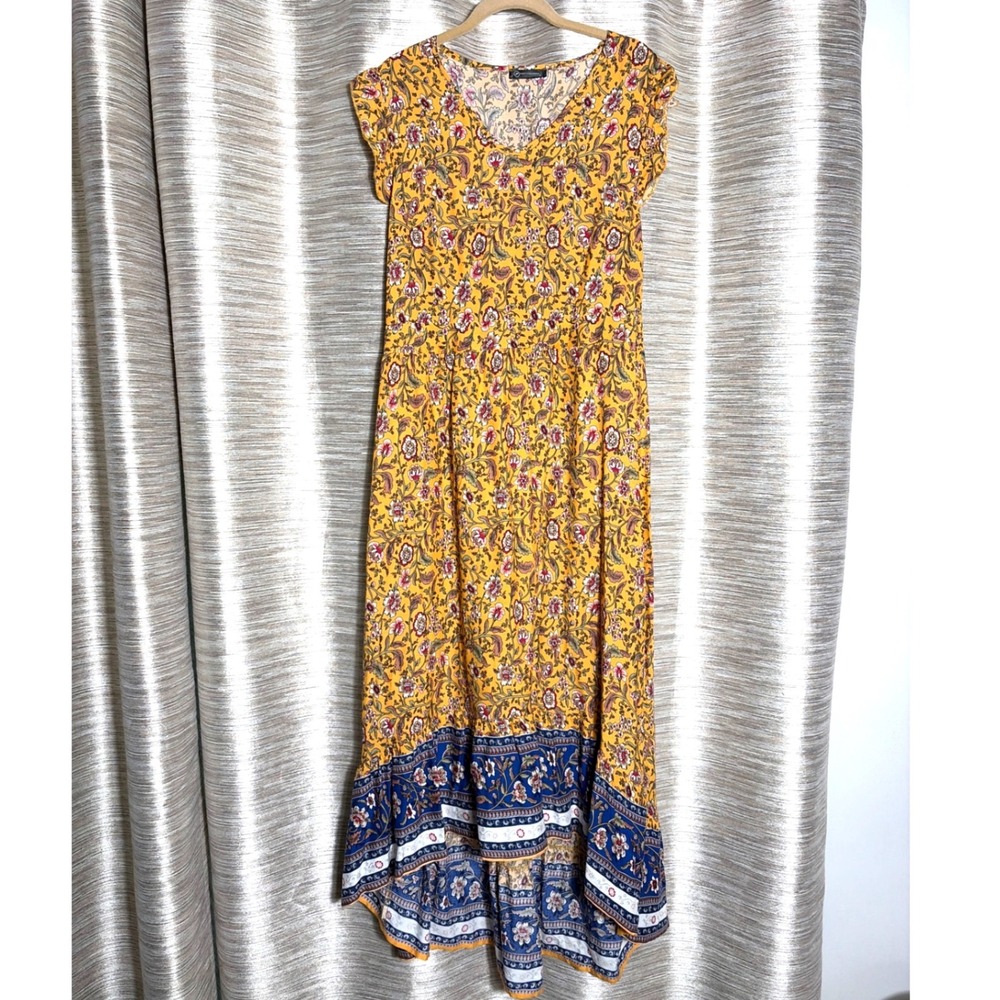 PrettyGarden Yellow Floral Paisley High Low Maxi Dress Boho Smocked Waist Large